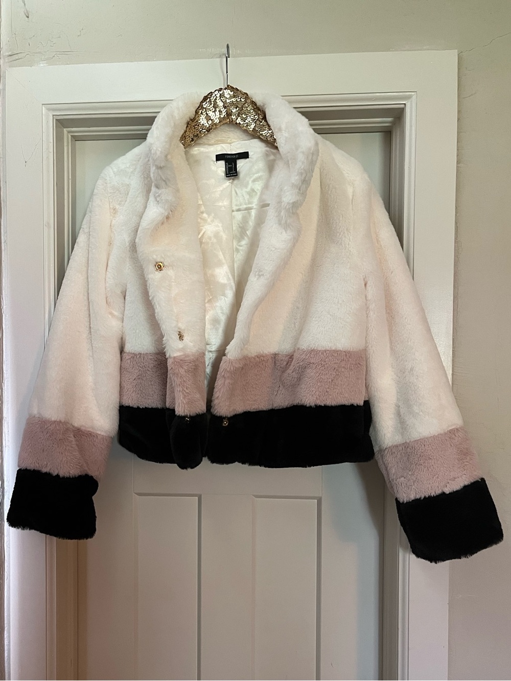 Forever 21 White, Blush & Black Colorblock Faux Fur Jacket